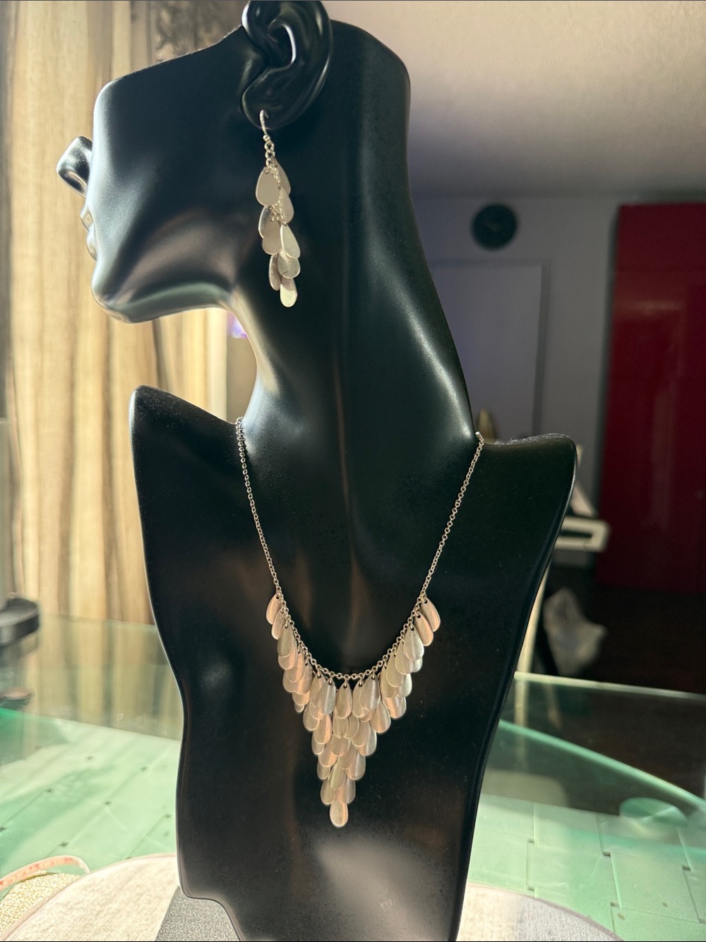 Silver Tone  Teardrop Layered Necklace and Earring Set - Women Jewelry